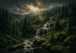 Black Forest Pine Black Forest Wall Art featuring dark waterfall crossing moss-covered stone for refined interiors