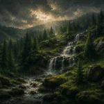 Black Forest Pine Black Forest Wall Art featuring dark waterfall crossing moss-covered stone for refined interiors