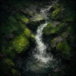 Black Forest Pine Black Forest Wall Art featuring dark waterfall crossing moss-covered stone for refined interiors
