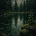Black Forest Pine Black Forest Wall Art featuring still woodland pond holding fractured reflections for refined interiors