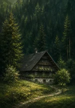 Black Forest Pine Black Forest Wall Art featuring timber farmhouse at the edge of dense fir woods for refined interiors