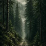 Black Forest Pine Black Forest Wall Art featuring narrow forest road disappearing into fog for refined interiors