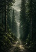 Black Forest Pine Black Forest Wall Art featuring narrow forest road disappearing into fog for refined interiors