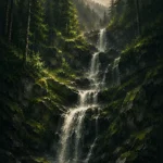 Black Forest Pine Black Forest Wall Art featuring dark waterfall crossing moss-covered stone for refined interiors