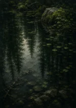 Black Forest Pine Black Forest Wall Art featuring still woodland pond holding fractured reflections for refined interiors