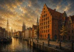 Hanseatic Brick Hanseatic Architecture Wall Art featuring stepped-gable warehouse beside a narrow canal for refined interiors
