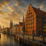 Hanseatic Brick Hanseatic Architecture Wall Art featuring stepped-gable warehouse beside a narrow canal for refined interiors