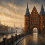 Hanseatic Brick Hanseatic Architecture Wall Art featuring red-brick gate tower above a cobbled approach for refined interiors
