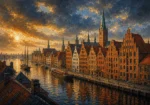 Hanseatic Brick Hanseatic Architecture Wall Art featuring line of merchant houses reflected in harbor water for refined interiors