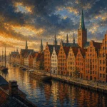 Hanseatic Brick Hanseatic Architecture Wall Art featuring line of merchant houses reflected in harbor water for refined interiors