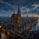 Hanseatic Brick Hanseatic Architecture Wall Art featuring Gothic brick church rising over slate rooftops for refined interiors