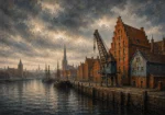 Hanseatic Brick Hanseatic Architecture Wall Art featuring old quay framed by cranes and weathered facades for refined interiors