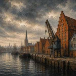 Hanseatic Brick Hanseatic Architecture Wall Art featuring old quay framed by cranes and weathered facades for refined interiors