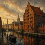 Hanseatic Brick Hanseatic Architecture Wall Art featuring stepped-gable warehouse beside a narrow canal for refined interiors