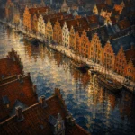 Hanseatic Brick Hanseatic Architecture Wall Art featuring line of merchant houses reflected in harbor water for refined interiors