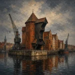 Hanseatic Brick Hanseatic Architecture Wall Art featuring old quay framed by cranes and weathered facades for refined interiors