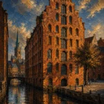 Hanseatic Brick Hanseatic Architecture Wall Art featuring stepped-gable warehouse beside a narrow canal for refined interiors