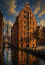 Hanseatic Brick Hanseatic Architecture Wall Art featuring stepped-gable warehouse beside a narrow canal for refined interiors