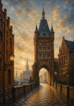 Hanseatic Brick Hanseatic Architecture Wall Art featuring red-brick gate tower above a cobbled approach for refined interiors