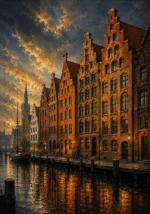 Hanseatic Brick Hanseatic Architecture Wall Art featuring line of merchant houses reflected in harbor water for refined interiors