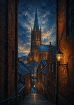 Hanseatic Brick Hanseatic Architecture Wall Art featuring Gothic brick church rising over slate rooftops for refined interiors