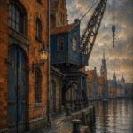 Hanseatic Brick Hanseatic Architecture Wall Art featuring old quay framed by cranes and weathered facades for refined interiors