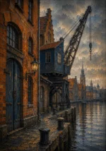 Hanseatic Brick Hanseatic Architecture Wall Art featuring old quay framed by cranes and weathered facades for refined interiors