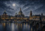 Dresden Moon Dresden Wall Art featuring domed baroque skyline above the quiet Elbe River for refined interiors