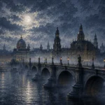 Dresden Moon Dresden Wall Art featuring ornate bridge dissolving into blue-gray mist for refined interiors
