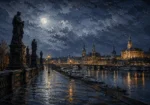 Dresden Moon Dresden Wall Art featuring riverside promenade lined with shadowed statues for refined interiors