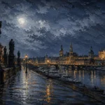 Dresden Moon Dresden Wall Art featuring riverside promenade lined with shadowed statues for refined interiors
