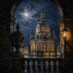 Dresden Moon Dresden Wall Art featuring cathedral facade illuminated against the night for refined interiors