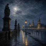 Dresden Moon Dresden Wall Art featuring riverside promenade lined with shadowed statues for refined interiors