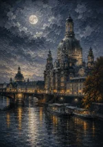 Dresden Moon Dresden Wall Art featuring domed baroque skyline above the quiet Elbe River for refined interiors