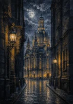 Dresden Moon Dresden Wall Art featuring cathedral facade illuminated against the night for refined interiors
