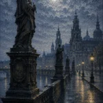 Dresden Moon Dresden Wall Art featuring riverside promenade lined with shadowed statues for refined interiors
