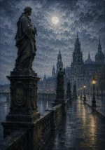 Dresden Moon Dresden Wall Art featuring riverside promenade lined with shadowed statues for refined interiors