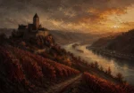 Rhine Wine Rhine Valley Wall Art featuring hilltop castle above vineyard-covered river bends for refined interiors