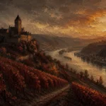 Rhine Wine Rhine Valley Wall Art featuring hilltop castle above vineyard-covered river bends for refined interiors