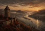 Rhine Wine Rhine Valley Wall Art featuring stone watchtower overlooking dark flowing water for refined interiors