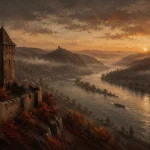 Rhine Wine Rhine Valley Wall Art featuring stone watchtower overlooking dark flowing water for refined interiors
