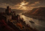 Rhine Wine Rhine Valley Wall Art featuring river steamer moving beneath ruined fortress walls for refined interiors