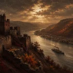 Rhine Wine Rhine Valley Wall Art featuring river steamer moving beneath ruined fortress walls for refined interiors