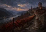 Rhine Wine Rhine Valley Wall Art featuring steep vineyard path climbing toward a medieval village for refined interiors