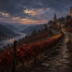 Rhine Wine Rhine Valley Wall Art featuring steep vineyard path climbing toward a medieval village for refined interiors