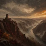 Rhine Wine Rhine Valley Wall Art featuring narrow gorge veiled by evening mist for refined interiors