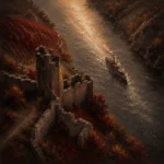 Rhine Wine Rhine Valley Wall Art featuring river steamer moving beneath ruined fortress walls for refined interiors