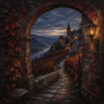 Rhine Wine Rhine Valley Wall Art featuring steep vineyard path climbing toward a medieval village for refined interiors