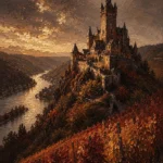 Rhine Wine Rhine Valley Wall Art featuring hilltop castle above vineyard-covered river bends for refined interiors