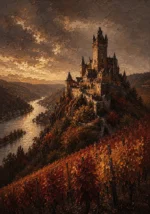 Rhine Wine Rhine Valley Wall Art featuring hilltop castle above vineyard-covered river bends for refined interiors